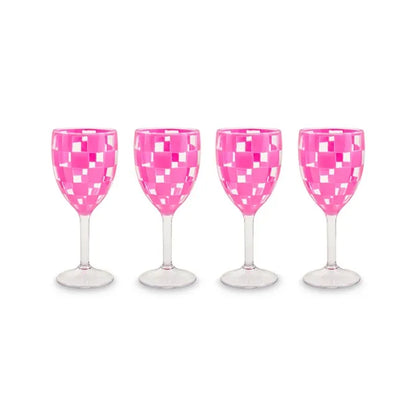 Pink Check Acrylic Wine Goblets, Set of 4
