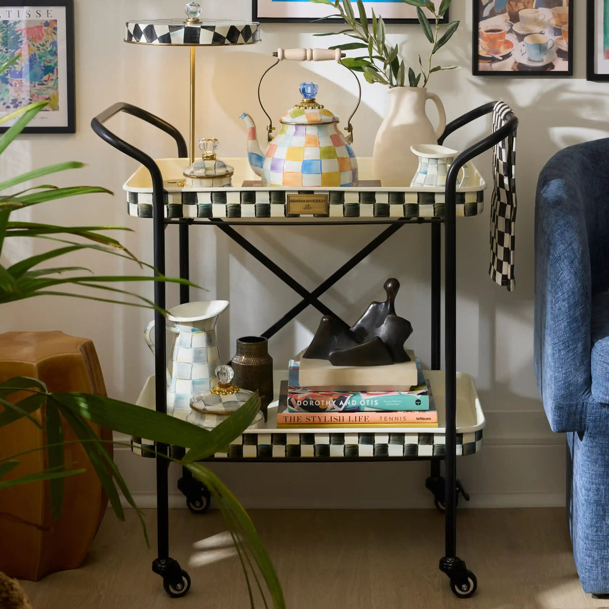 Mocha Check 2-Tier Kitchen Cart