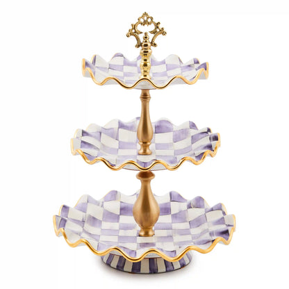 Violet Check Ceramic Three Tier Sweet Stand