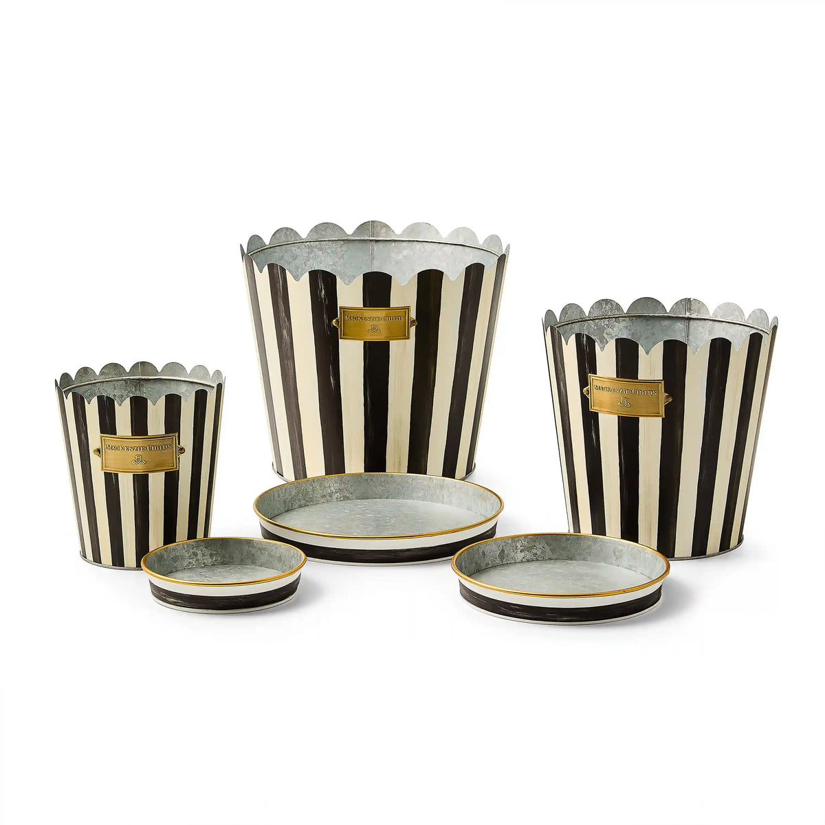 Grass Green Stripe Pots & Saucers, Set of 3