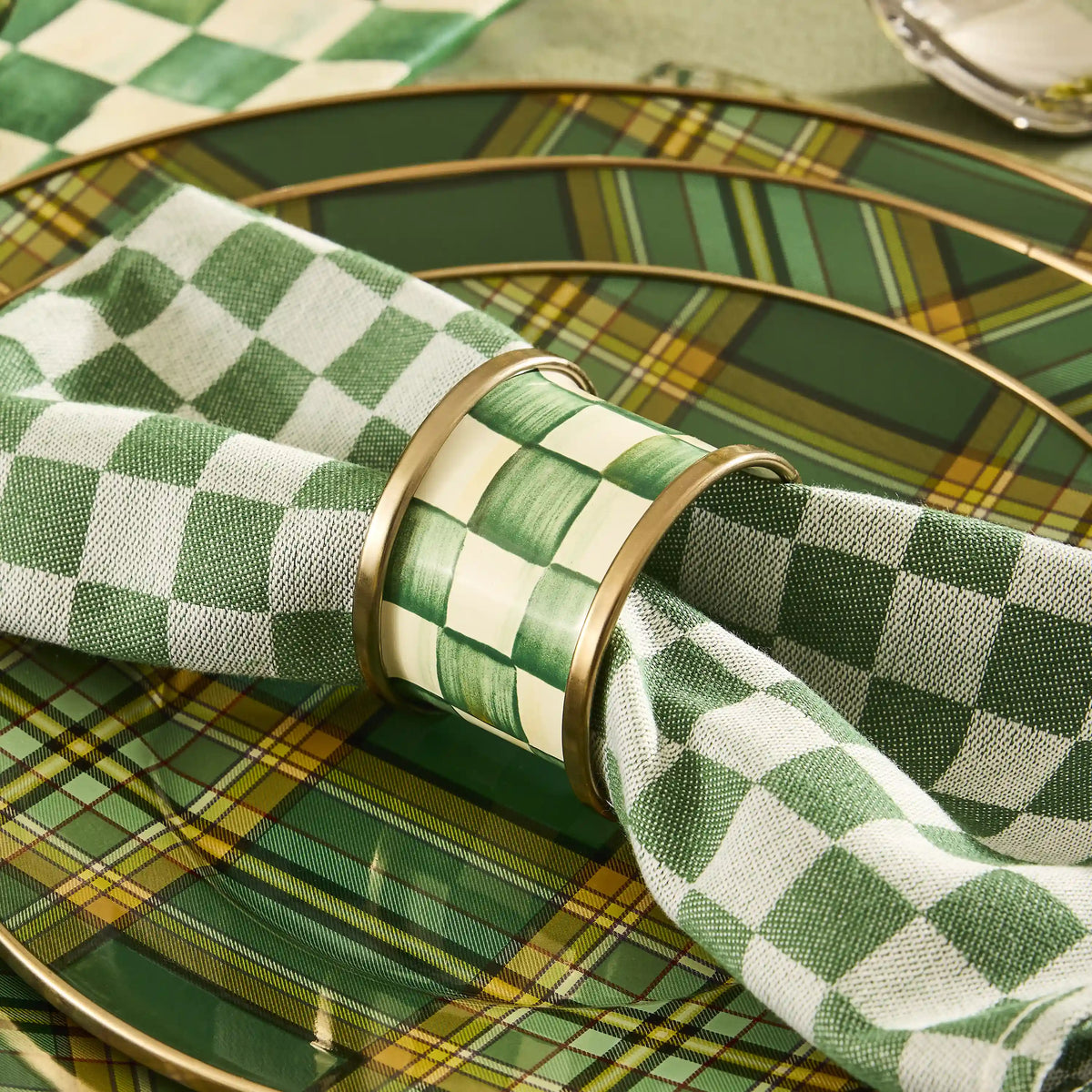 Emerald Check Napkin Rings, Set of 4