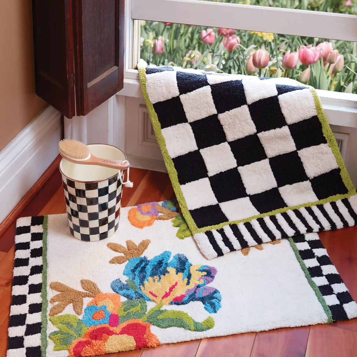 Black Flower Market Standard Bath Rug