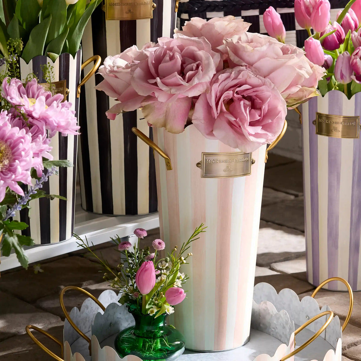 Rosy Stripe Flower Buckets, Set of 3
