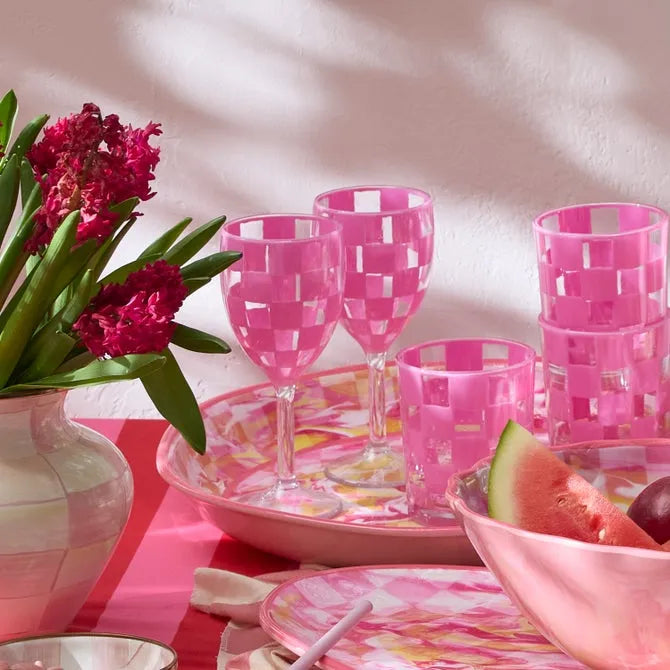 Pink Check Acrylic Wine Goblets, Set of 4