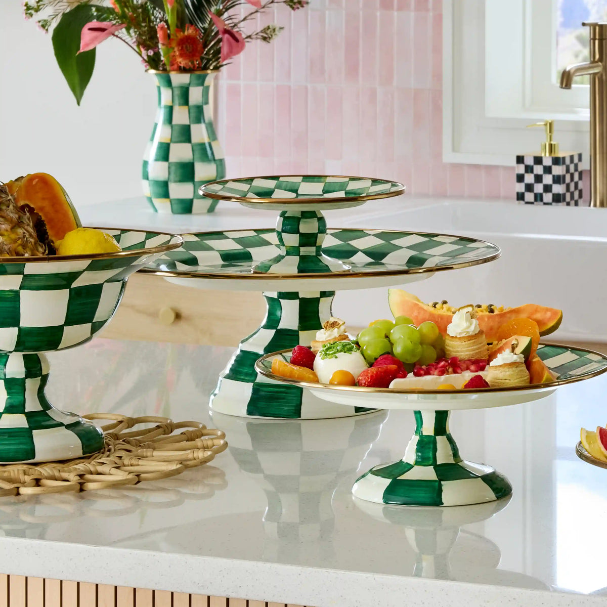 Mocha Check Small Pedestal Platter