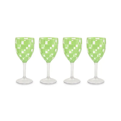 Green Check Acrylic Wine Goblets, Set of 4