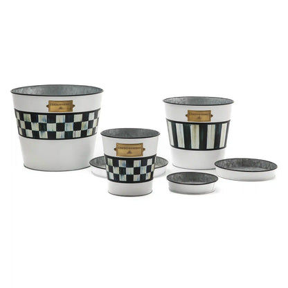 Grass Green Stripe Pots & Saucers, Set of 3