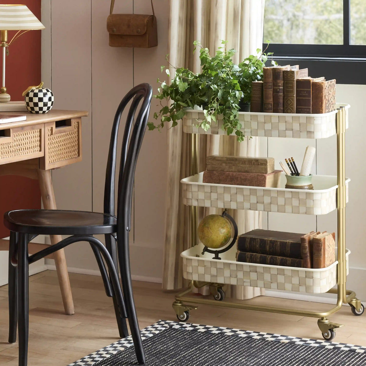 Mocha Check 2-Tier Kitchen Cart