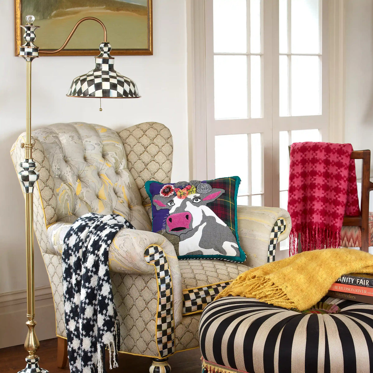 Mocha Check Farmhouse Floor Lamp