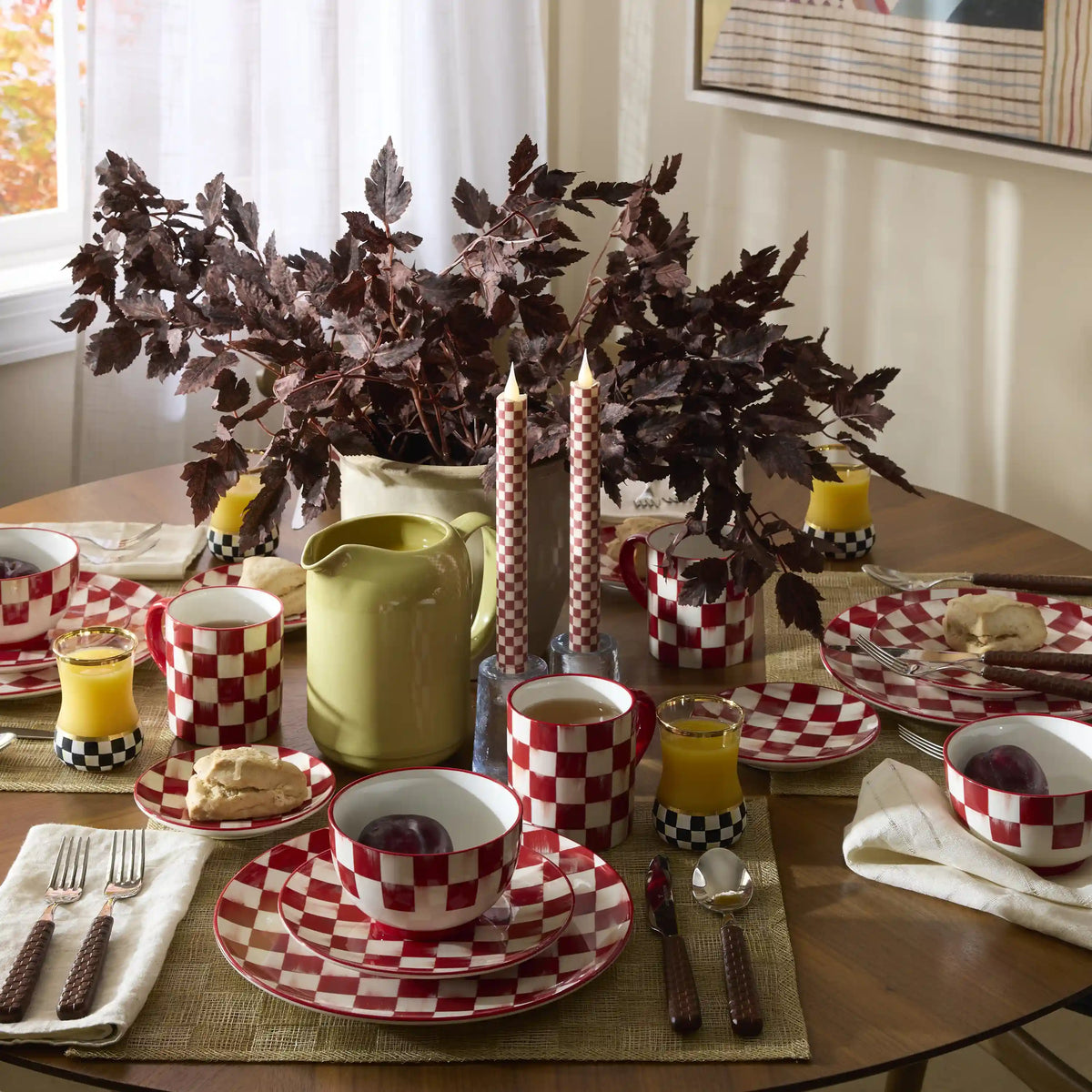 Mocha Check Flameless Dinner Candles, Set of 2