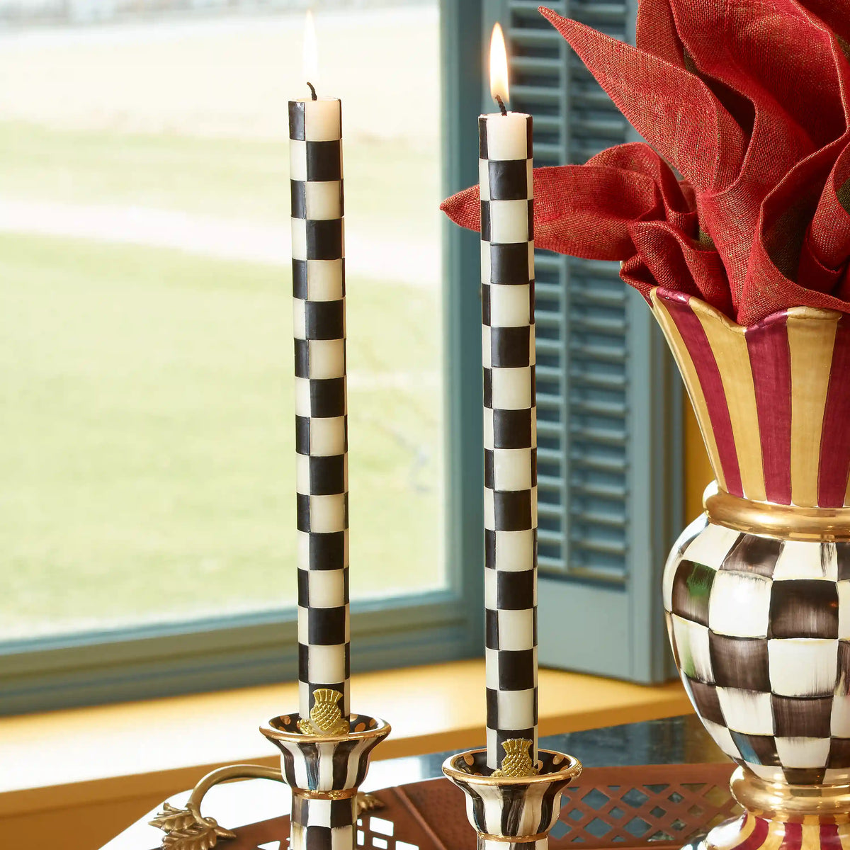 Check Gold & Ivory Dinner Candles, Set of 2