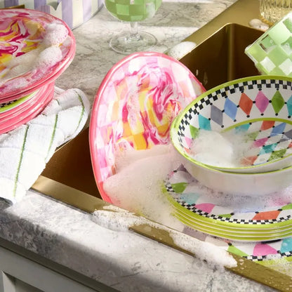 Pink Marble Check Melamine Dinner Plates, Set of 4