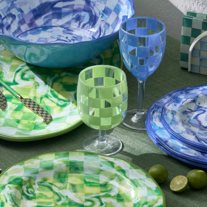 Green Check Acrylic Water Goblets, Set of 4