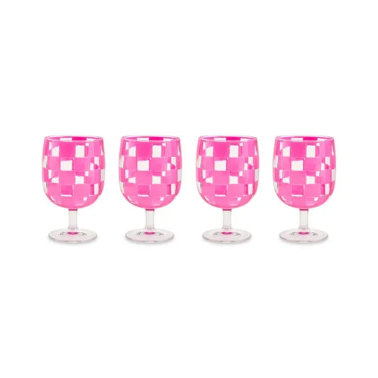 Pink Check Acrylic Water Goblets, Set of 4