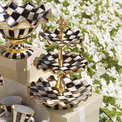 Mocha Check Ceramic Three Tier Sweet Stand