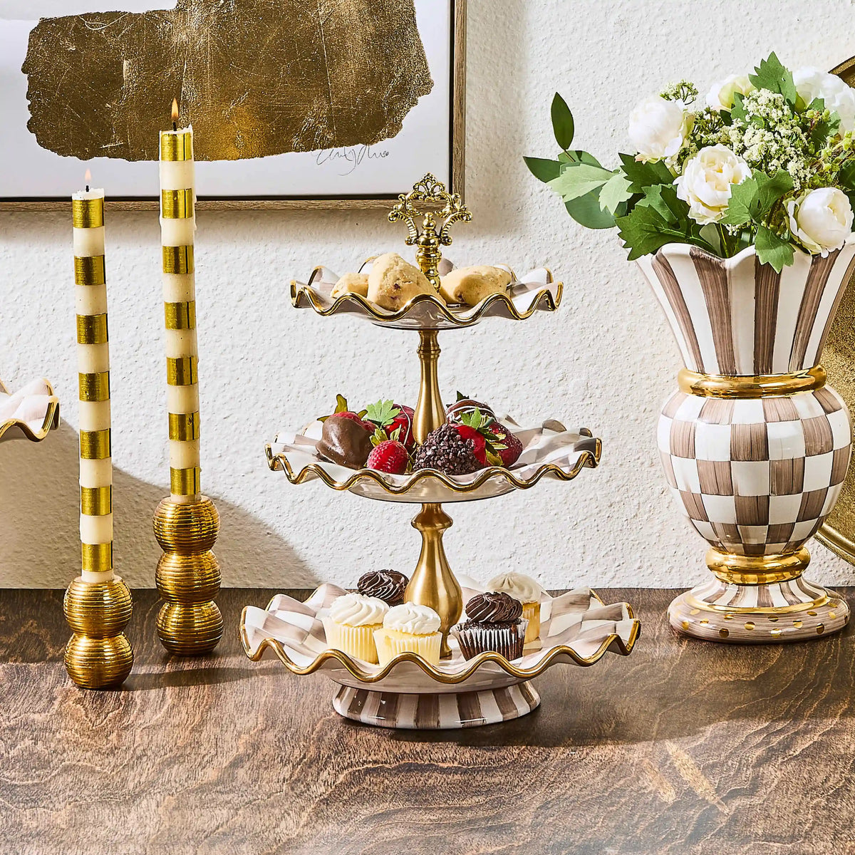 Violet Check Ceramic Three Tier Sweet Stand