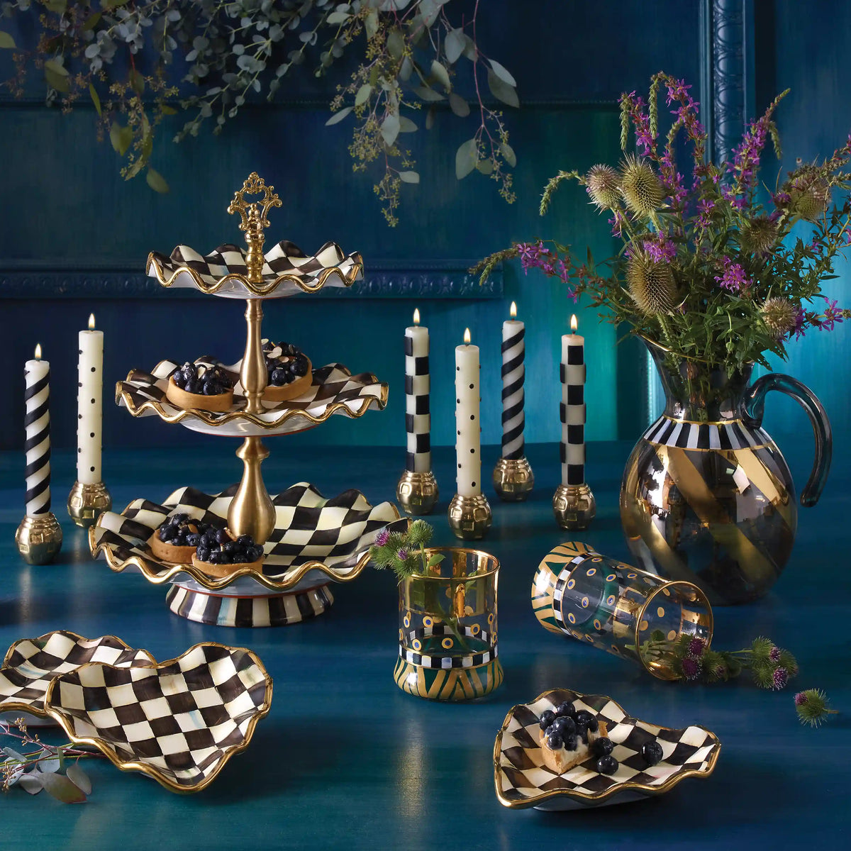 Violet Check Ceramic Three Tier Sweet Stand