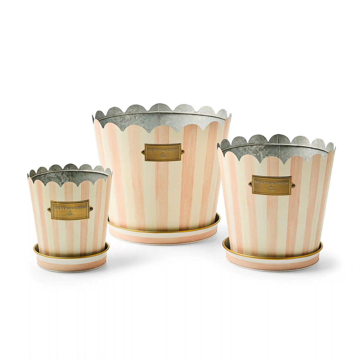 Grass Green Stripe Pots & Saucers, Set of 3