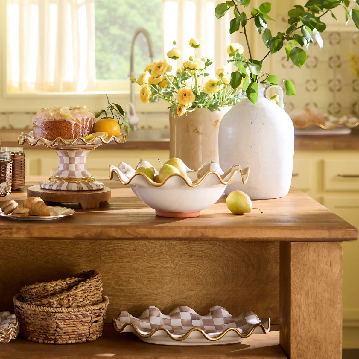 Violet Check Medium Ceramic Fluted Serving Bowl
