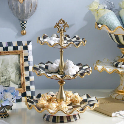 Mocha Check Ceramic Three Tier Sweet Stand