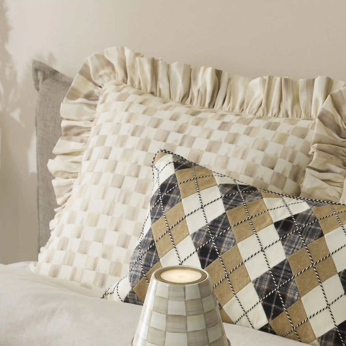 Mocha Stripe Throw Pillow with Ruffle