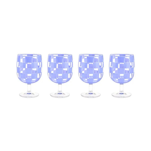 Blue Check Acrylic Water Goblets, Set of 4